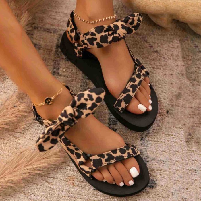 New Women Sandals Color Flat Casual Lace Up Bow Shoes for Ladies Summer Fashion 2021 Outdoor Leopard Beach  Mujer