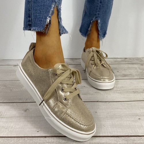 Large Size Shoes Women 2021 New Low-top Lace-up Flat Casual Loafers Round Toe Woman Fashion Gold Sneakers Sapatos De Mujer