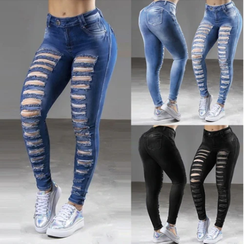 New Women's Jeans summer Stretch Ripped Skinny Black Denim Jean Sexy Mom Female Large Size Woman Elastic Office Fashion Trendy