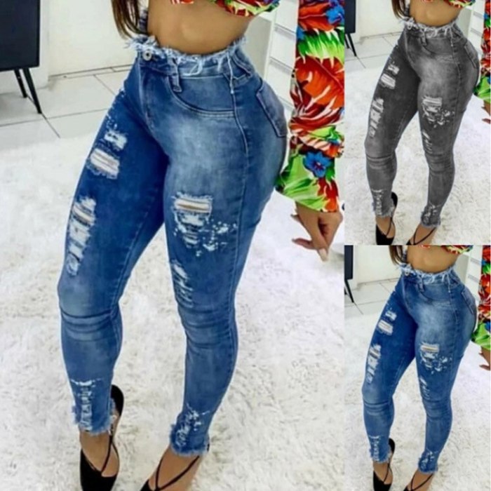 2021 summer new female jeans blue dark washed frayed high waist temperament commuter cotton women's clothing woman jeans