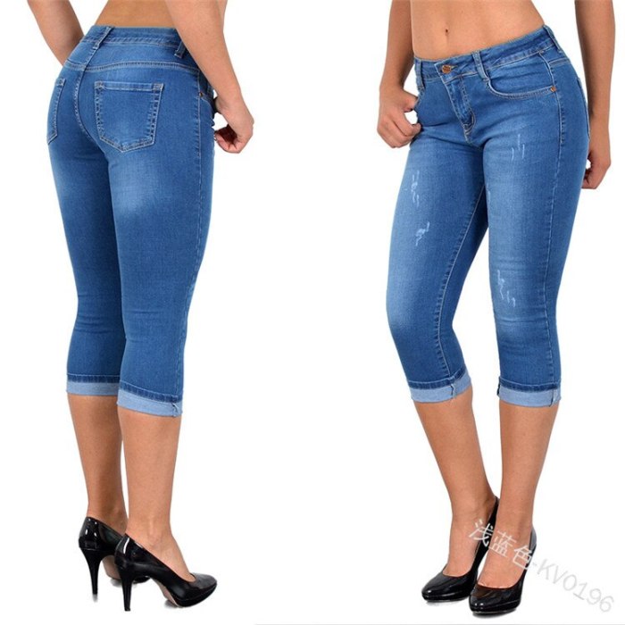 Summer Women Fashion High Waist Skinny Jeans Knee Length Denim Capri Pants Pants High Waist Jean Legging Slim Stretch Seamless