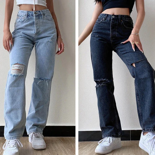2021 women's jeans casual wide-leg washed water ripped mid-waist jeans women