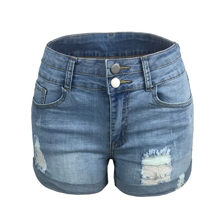 Cotton Jeans Woman High Waist Stretch Shorts Summer Streetwear Zipper With Pocket Button Casual Blue Cuffed Ripped Denim Short