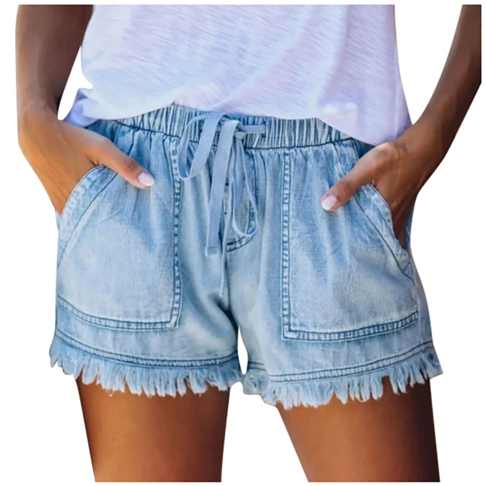 Summer Womens Fashion Denim Shorts Pocket Tassel Drawstring Casual Shorts Female Solid Color Elastic Waist Shorts