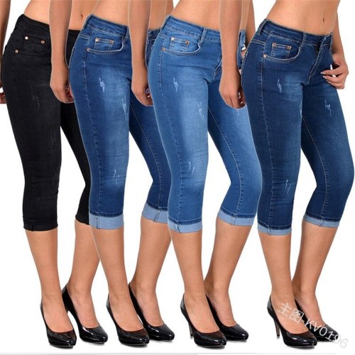 Summer Women Fashion High Waist Skinny Jeans Knee Length Denim Capri Pants Pants High Waist Jean Legging Slim Stretch Seamless