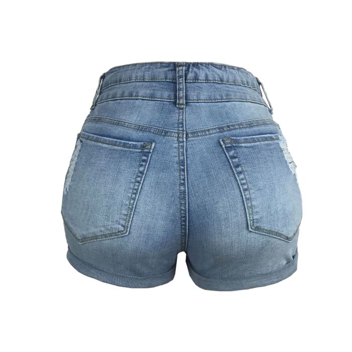 Cotton Jeans Woman High Waist Stretch Shorts Summer Streetwear Zipper With Pocket Button Casual Blue Cuffed Ripped Denim Short