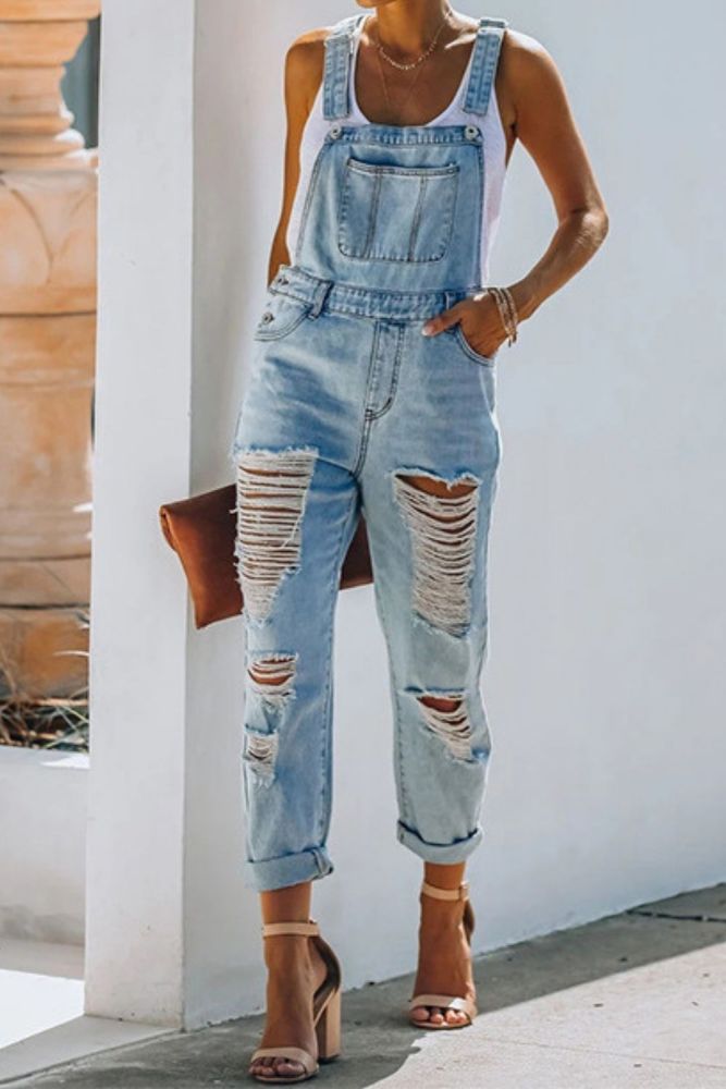 2021 New Summer Denim Women Sling Jumpsuit Plus Size Fashion Hole Hollow Blue Denim Casual Loose Female Jeans Length Overalls