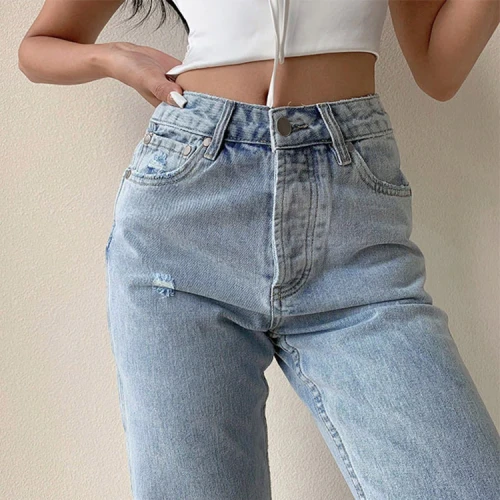 2021 women's jeans casual wide-leg washed water ripped mid-waist jeans women