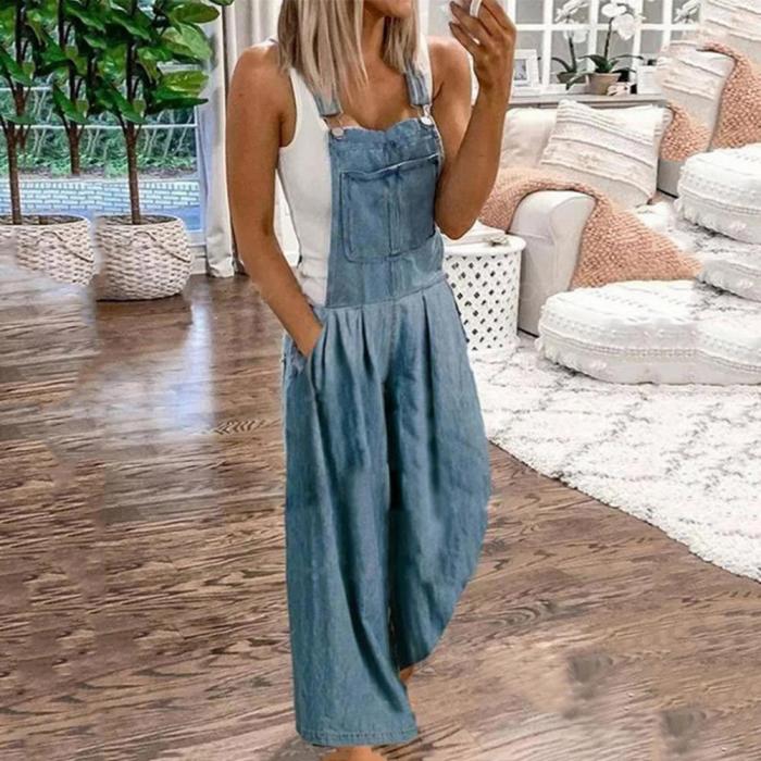 Fashion Women Ladies Solid Color Denim Jumpsuit Loose Trousers Thin Sleeveless Square Neck Bib Overalls Streetwear Loose Jumpsuit