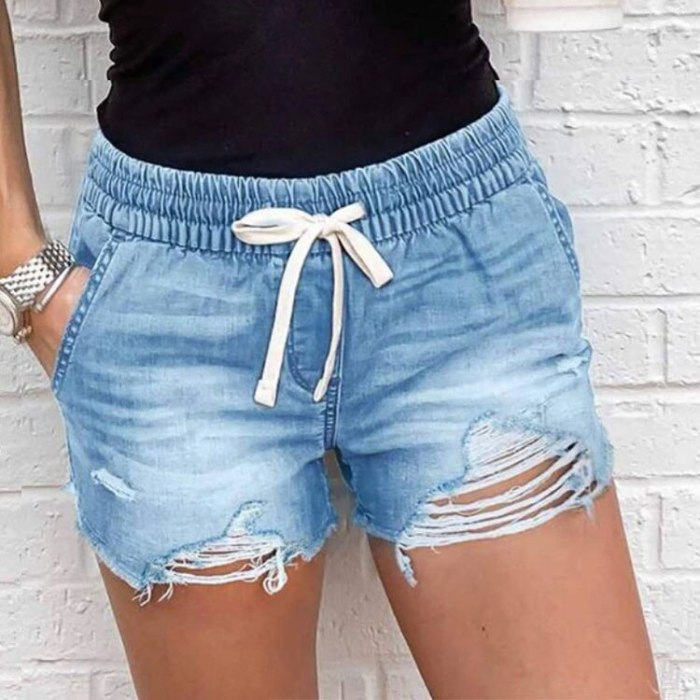 Denim Shorts Women's Summer Clothes Ripped Jeans Elastic Lace Elastic Sexy Mid Waist Washed Holes Blue Denim Shorts Women