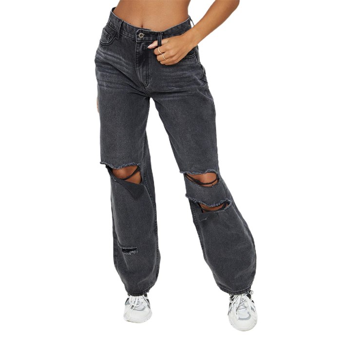Trendy Womens Wide Leg Jeans Fashion Solid Color Straight-Leg Irregular Ripped High-waist Boyfriend Style Denim Pants