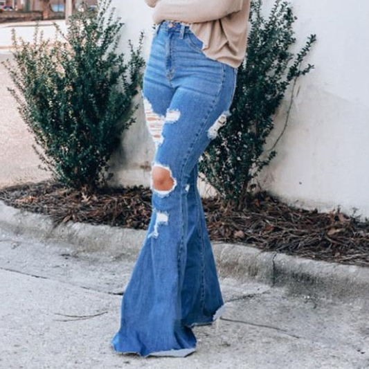 2021 Women's Jeans Temperament Commute Blue Washed High Waist Ripped Flared Pants Hole Sexy Vintage Solid Denim Trousers Casual