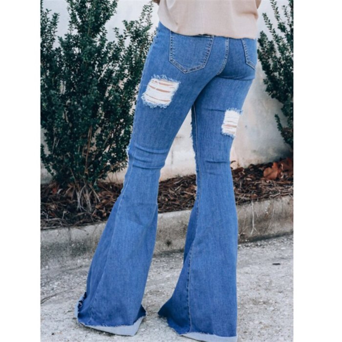 2021 Women's Jeans Temperament Commute Blue Washed High Waist Ripped Flared Pants Hole Sexy Vintage Solid Denim Trousers Casual