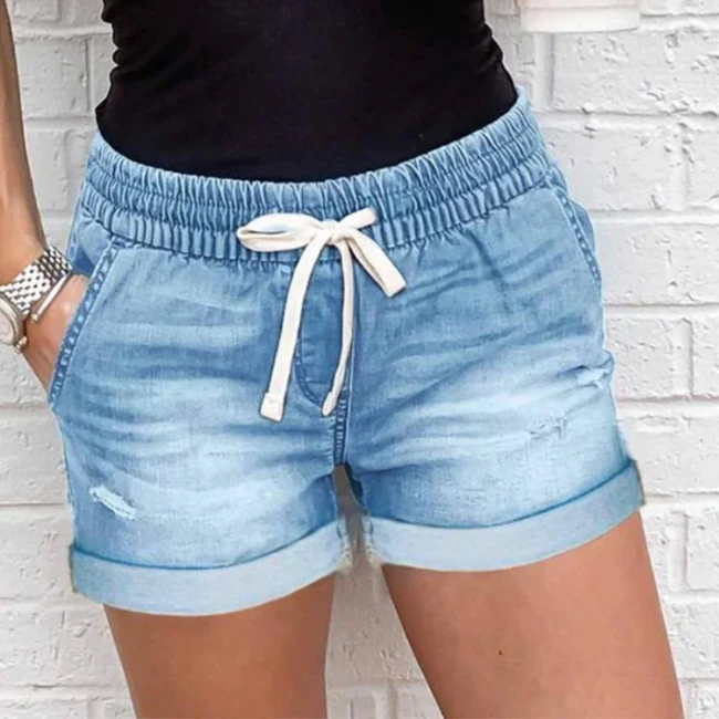 Denim Shorts Women's Summer Clothes Ripped Jeans Elastic Lace Elastic Sexy Mid Waist Washed Holes Blue Denim Shorts Women