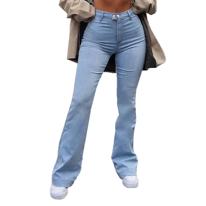 Washed Blue High Waist Flare Jeans for Women Casual Vintage Skinny Straight Pants Button Y2K 90S Korean Girls Denim Trousers