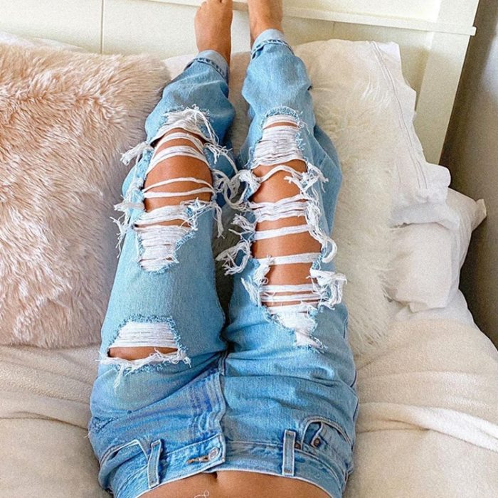 Women Hole Straight Hollow Cargo Pants Women Baggy High Waisted Pants Ripped Jeans Mom Jeans Fashion Blue Wide Leg Trousers Y2k