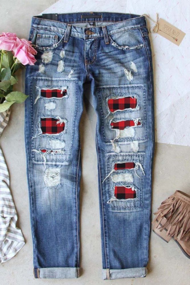 2021 Comfortable Fashion Casual Zipper Women Ripped Hole Plaid Patch Patchwork Long Jeans Trousers Fashion Pants New