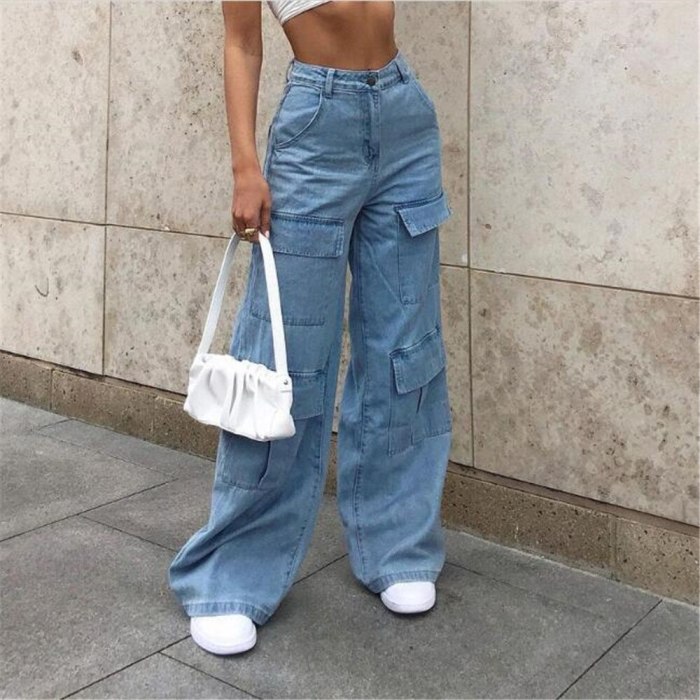 2021 Fashion Style Women/Girl Mid Waist Water Washing Do Old Grinding White Pocket Straight  Jeans Casual Loose Cowboy Pants