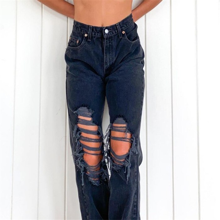 Fashion Black Hole Jeans Casual Ripped Washed Solid Loose Women Straight Pants Vintage Wild Slim High Waist Full Length Trousers