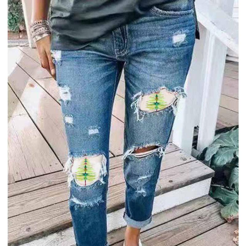 Women's Jeans Dragonfly Print Ripped Hole Women's Jeans High Waist Jeans
