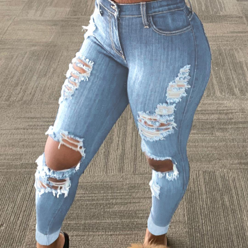 Women’s Korean Slim Fit Jeans Fashion Solid Color Ripped Hole Tassel Stretch Mid-waist Denim Pencil Long Pants Trousers