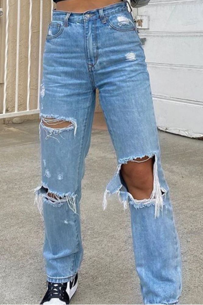 Women Hole Jeans Button High Waist Pocket Elastic Trousers Loose Denim Pants Cut Out Pocket Trousers Loose Jeans Vintage Female