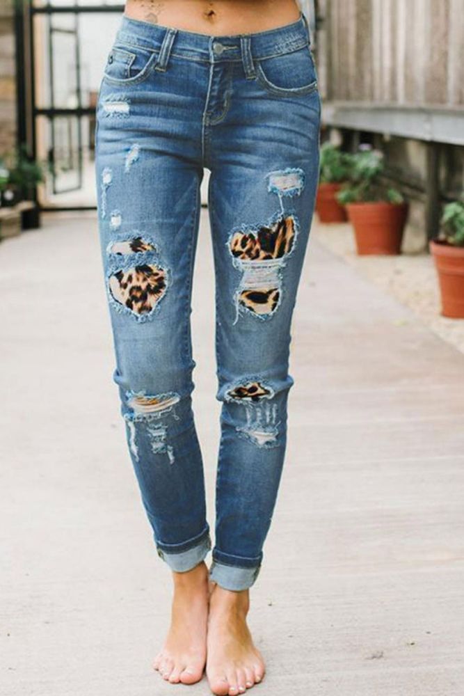 Woman Pants 2021 New Design Women Leopard Button High Waist Pocket Hole Jeans Trousers Loose Denim Pants