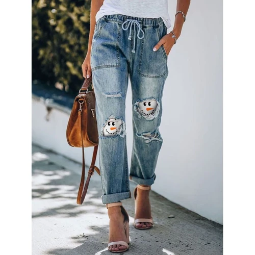Jeans Ripped Women Plus Size Snowman Print Mid Waist Washed Full Length Spring Summer Casual Mom Jeans