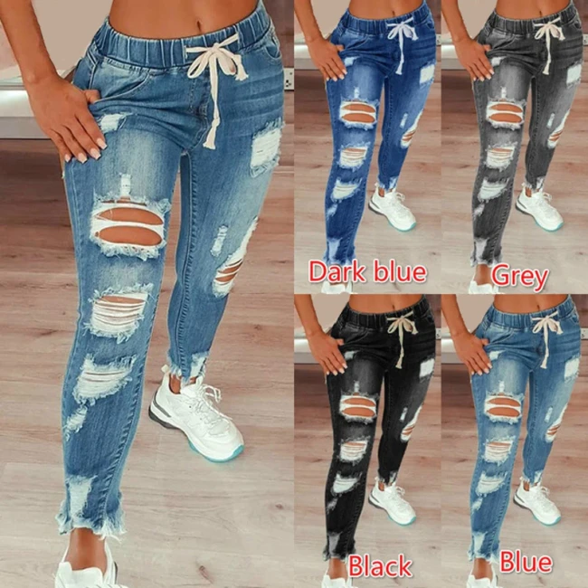 Drawstring Denim Jeans For Women Ripped Hole Stretch Jean Ladies Plus Size Full Length Pencil Pants