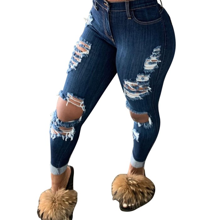 Women’s Korean Slim Fit Jeans Fashion Solid Color Ripped Hole Tassel Stretch Mid-waist Denim Pencil Long Pants Trousers