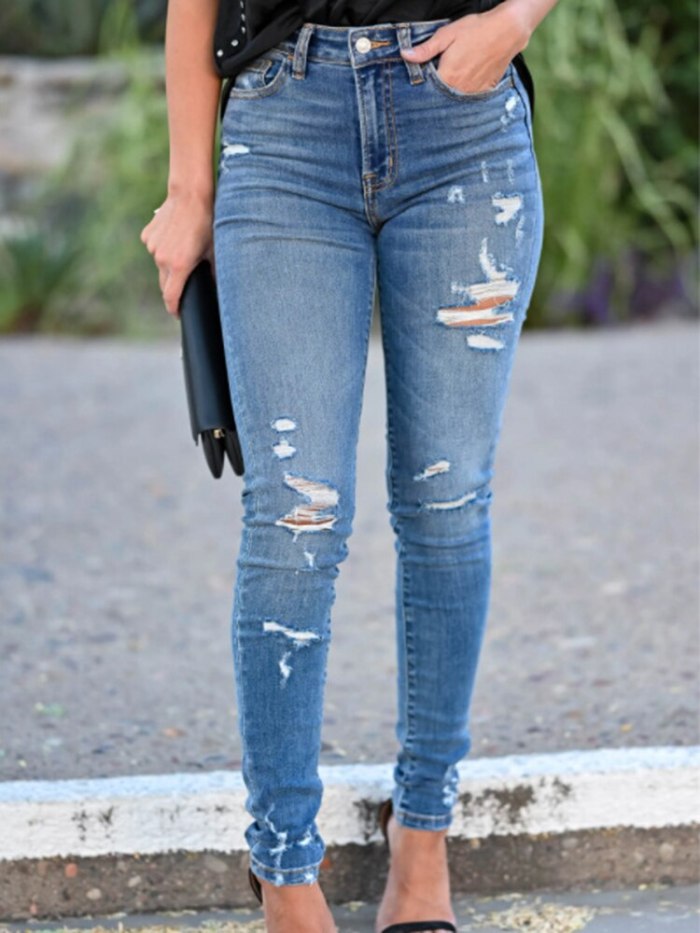High Waist Scratched Skinny Jeans for Women Fashion 2021 Korean Casual Ripped Denim Jeans Hollow Hole Harajuku Pants Wash Blue