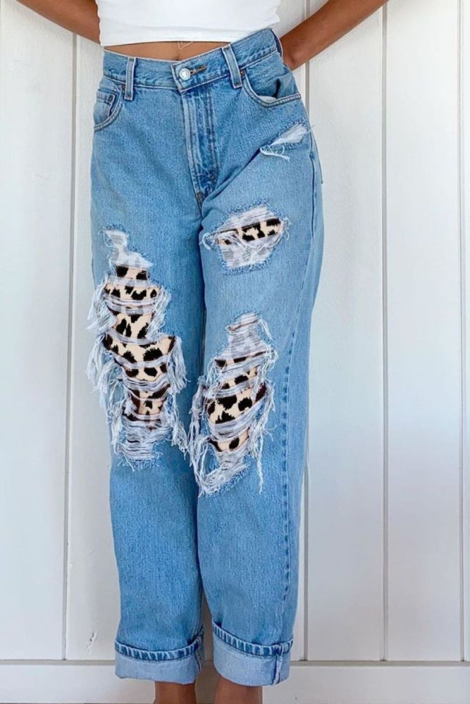 2021 New Arrival Women Leopard Print Button High Waist Pocket Hole Jeans Trousers Sexy Slim Patchwork Denim Girls Long Pants