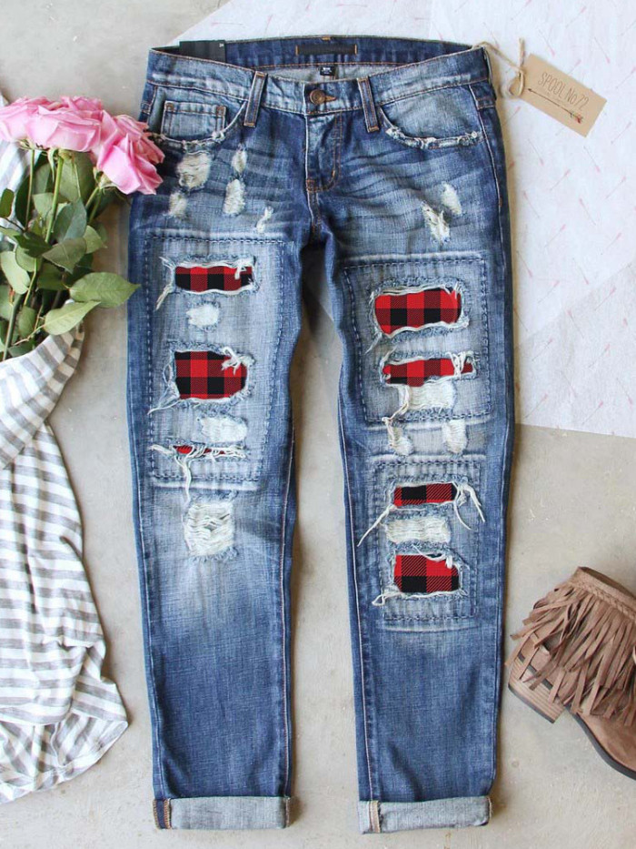 2021 Comfortable Fashion Casual Zipper Women Ripped Hole Plaid Patch Patchwork Long Jeans Trousers Fashion Pants New