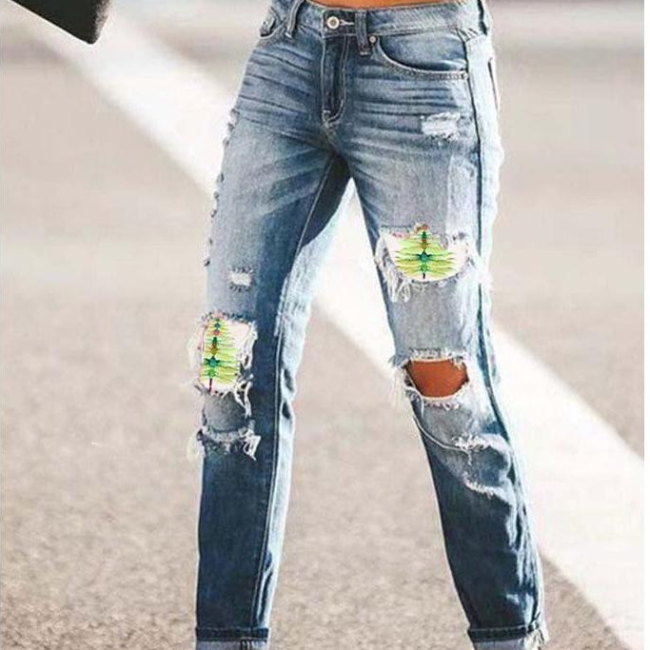 Women's Jeans Dragonfly Print Ripped Hole Women's Jeans High Waist Jeans