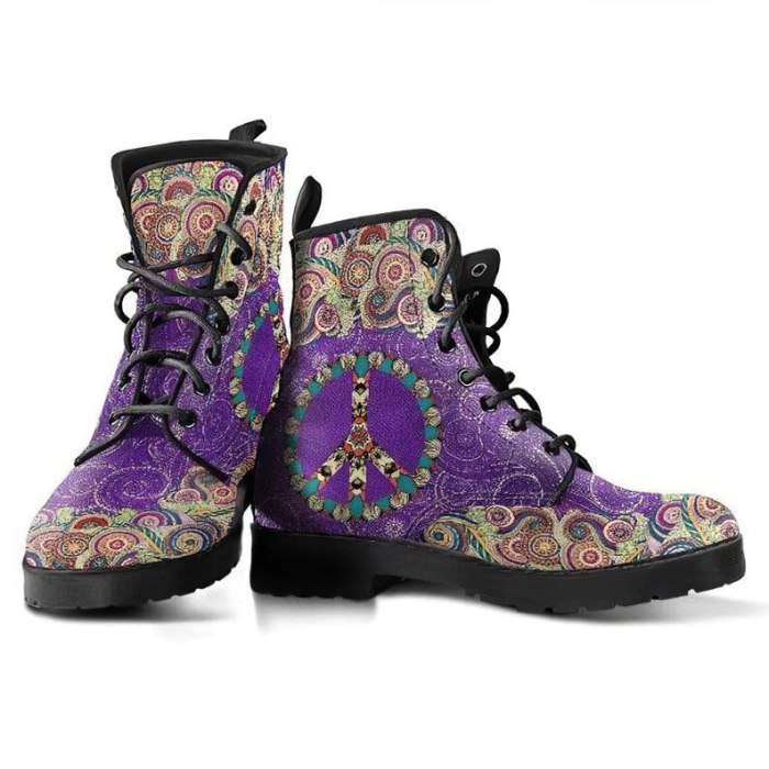 Handmade Shoes Peace Mandala Purple Vegan Shoes Womens Boots Handcrafted Shoes lace up tall Boots Fashion Shoes Women Boho Shoes