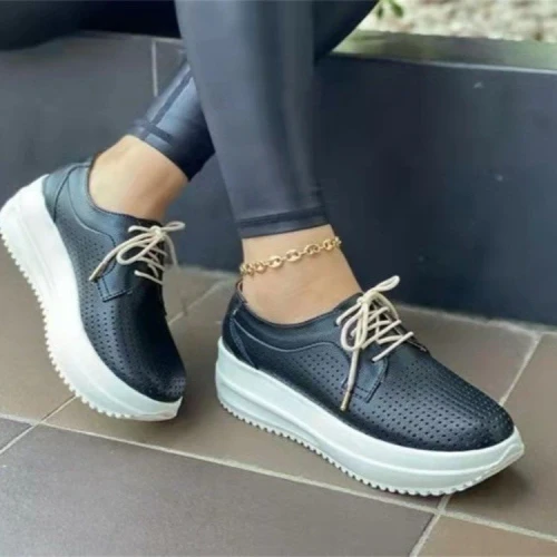 Women's Casual Vulcanized Shoes Platform Hollow Sneakers Breathable Ladies Lace up Thick Heels Solid Female Plus Size 2021
