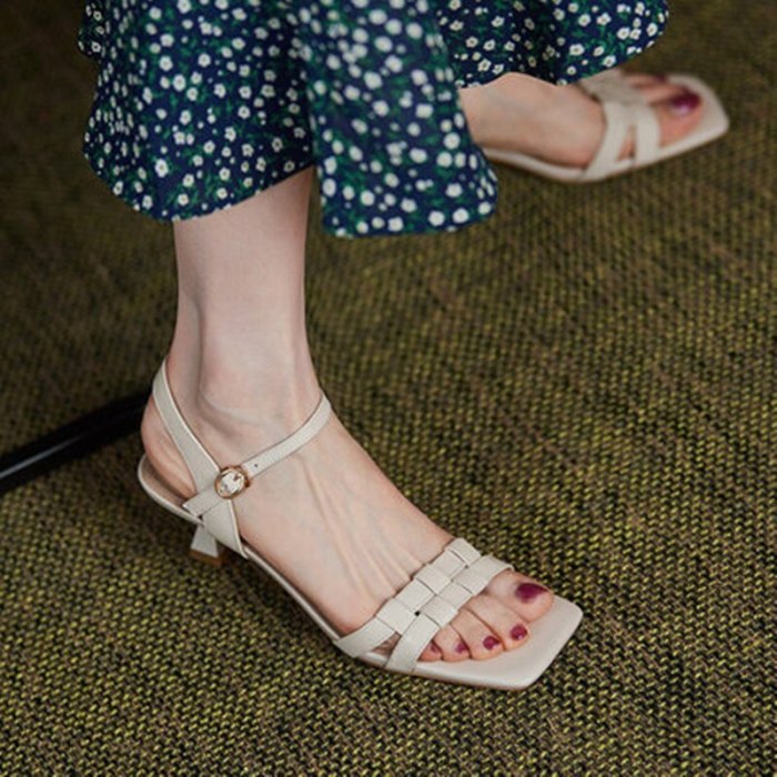 Comfort Shoes for Women Luxury Sandals Med Clear Heels 2021 Summer Open Toe Buckle Strap Suit Female Beige Fashion Medium Girls