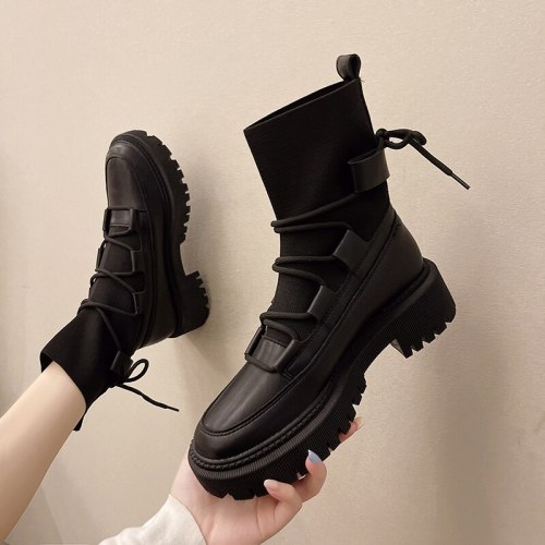 Chunky Motorcycle Boots for Women Autumn Winter 2021 Fashion Round Toe Lace-up Combat Boots Ladies Shoes Booties Woman
