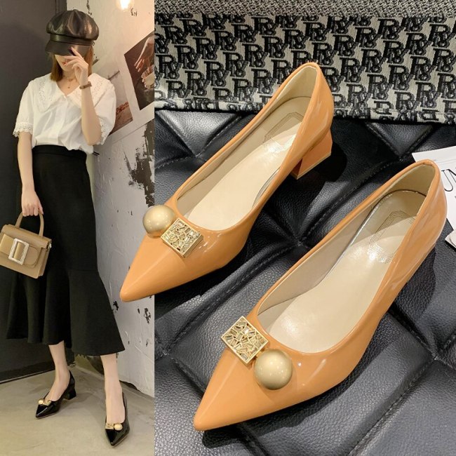 Single shoes women 2021 new summer soft leather all-match thick heel pointed shallow mouth peas shoes women's shoes