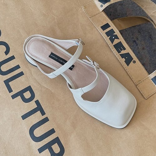 2021 Summer Elegant Beige Leather Sandals Women Fashion Square Toe Mules Shoes Mid Heels Female Slippers