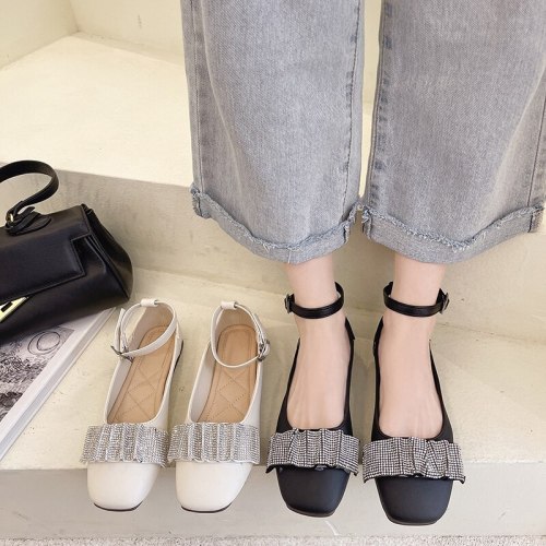 Shallow Mouth Korean Shoes Casual Female Sneakers Women's Moccasins Flats Crystal Autumn Square Toe 2021 New Dress Comfortable