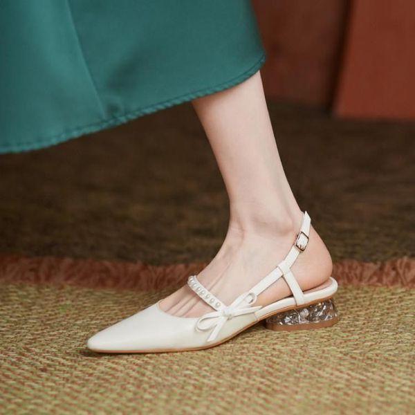 Block Heels Clear Sandals Bow Shoes 2021 Summer Suit Female Beige Chunky Pearl Pointed Fashion Low Retro Black Girls Comfort Ope