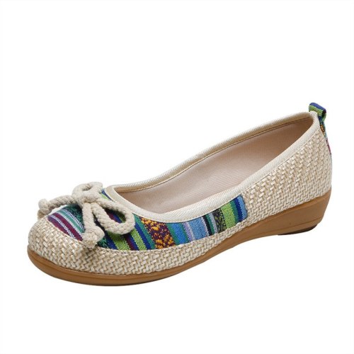 Handmade Women Linen Cotton Bow knot Flat Shoes Comfortable Slip On Walking Shoes Retro Ladies Casual Soft Flats