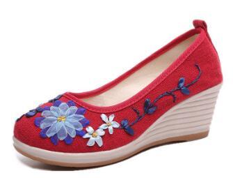 2021 Spring Summer Ethnic Floral Women Wedge Shoes Pumps High Heels Casual Slip On Ladies Shoes WHH3003