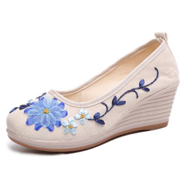 2021 Spring Summer Ethnic Floral Women Wedge Shoes Pumps High Heels Casual Slip On Ladies Shoes WHH3003