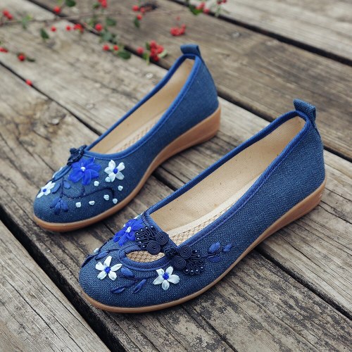 Brand 3D Flowers Appliques Women Linen Slip on Ballet Flats Breathable Fabric Ladies Casual Chinese Shoes Ballerina