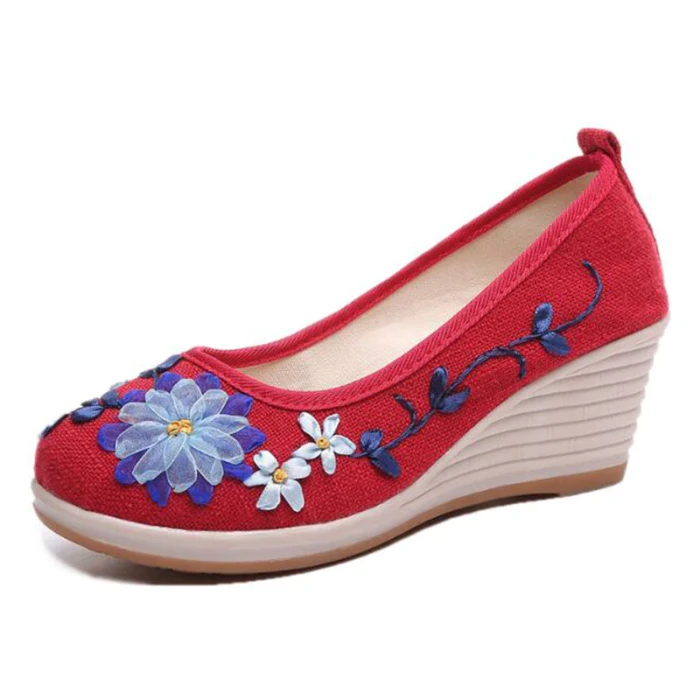 2021 Spring Summer Ethnic Floral Women Wedge Shoes Pumps High Heels Casual Slip On Ladies Shoes WHH3003