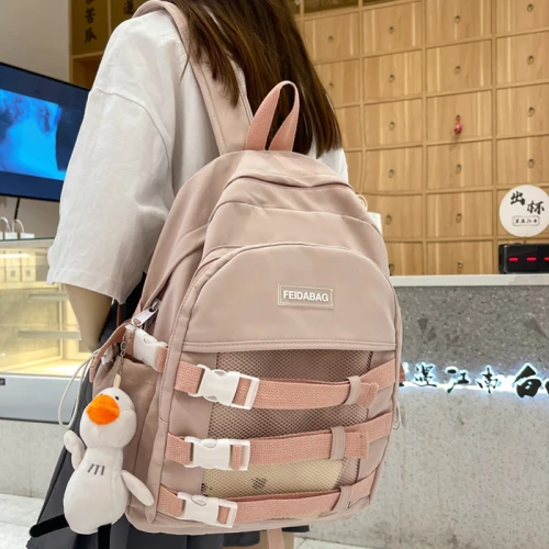 Strap Backpack School Bag Teenager Girls Shoulders Kawaii Duck Key Chain Waterproof Nylon Buckle Multi-pocket Back Pack Bags