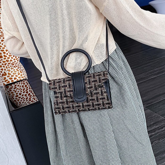 New Material Casual Women Flap Bag Round Handle Handbag Checked Pattern Fashion Shoulder Bag