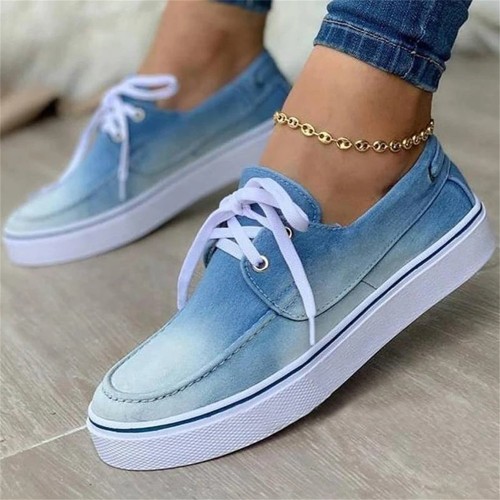 Women's Canvas Shoes Spring New Solid Denim Fabric Ladies Lace Up Casual Loafers 35-43 Large-Sized Female Sneakers